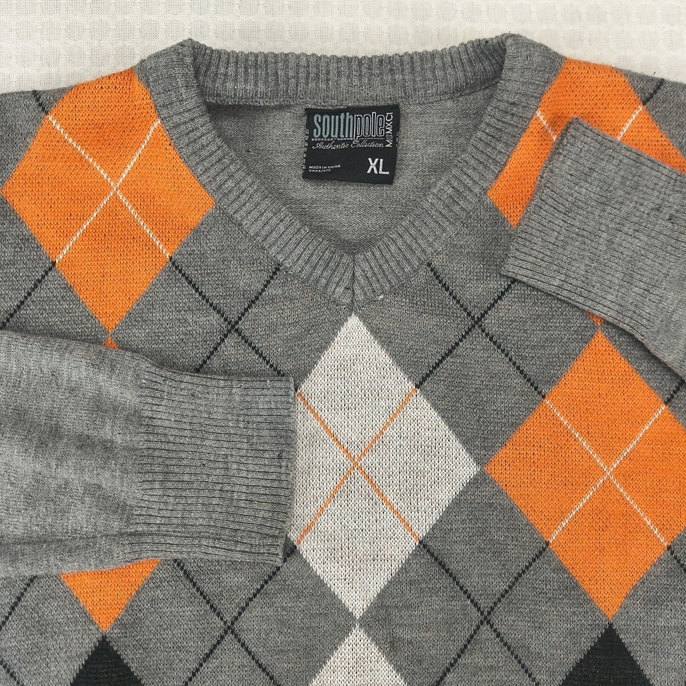 Southpole Mens XL Argyle V-Neck Sweater Gray Orange Black Acrylic Y2K Streetwear